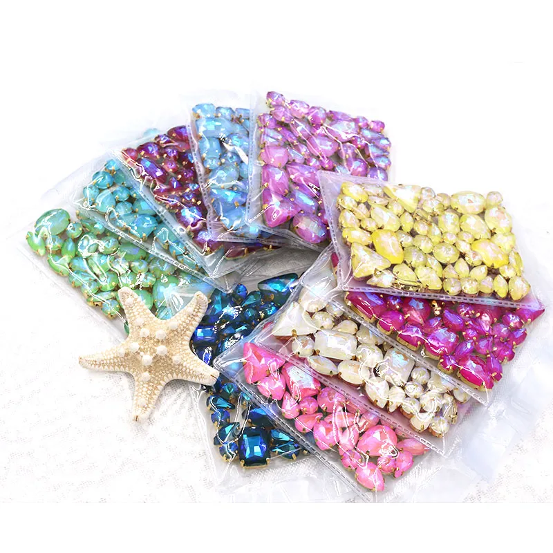 Wedding Decoration 50pcs/bag Mixed AB Mocha Fluorescence Glass Crystal Stone Gold Claw Rhinestone Sew on Clothes / Bags /Shoe