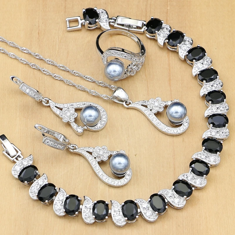 

Flower Silver 925 Bridal Jewelry Sets Black Pearls For Women Wedding Drop Earrings With Stone Necklace Ring Black CZ Bracelet