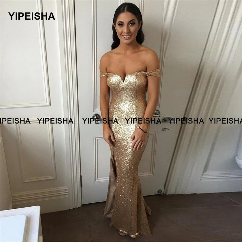 Yipeisha Glitter Gold Sequin Bridesmaid Dress Off-shoulder Mermaid Party Dresses Side Slit Long Evening Gown for Wedding