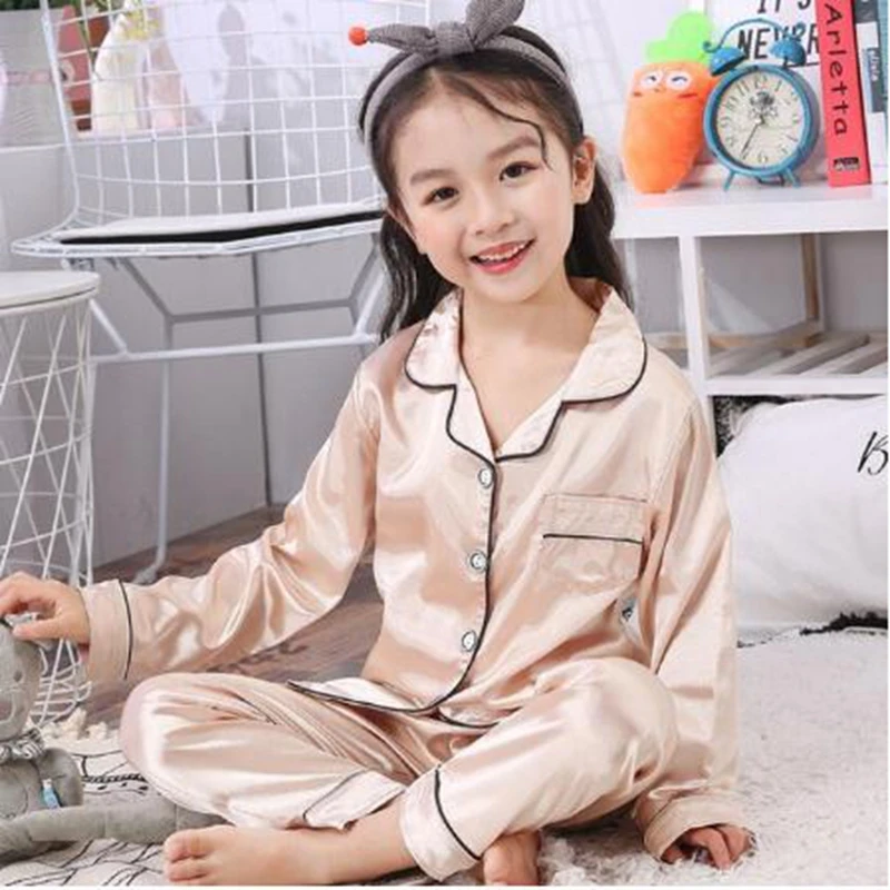 New Button-Down Spring Autumn Children Satin Pajamas Sets Kids Girls Solid Silk Long Sleeve 2 Pieces Tops+Pants Sleepwear Pyjama