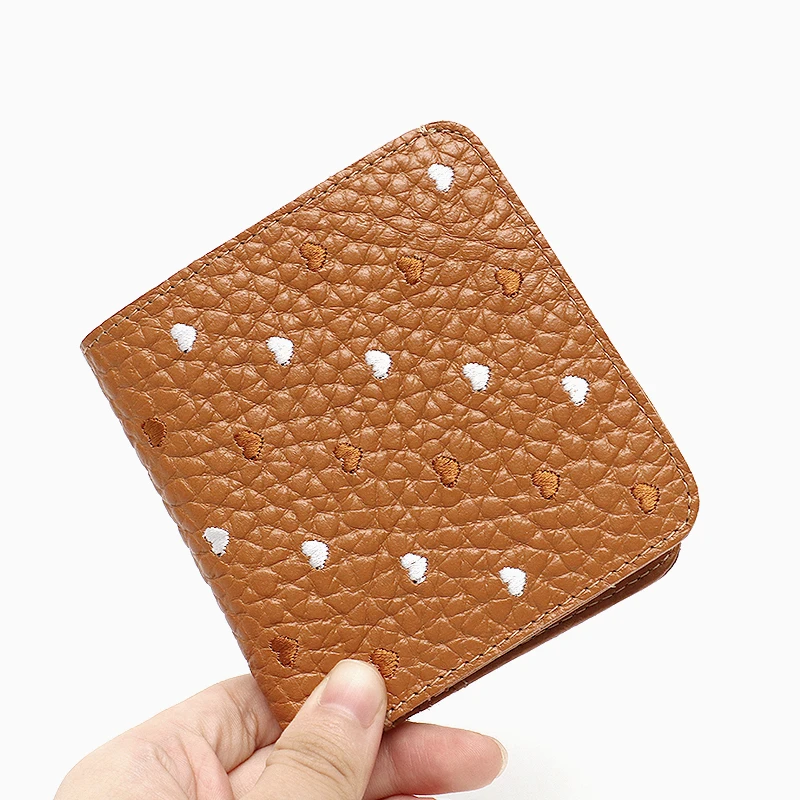 SC Fashion Genuine Leather Women Short Wallet Small Cute Heart Pattern Credit Card Holder Bifold Functional Pocket Organizer