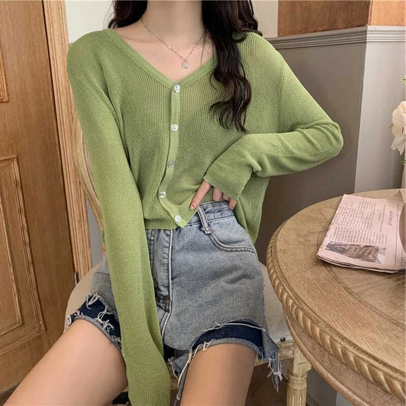 Transparent Cardigans Women Sweater Lightweight Solid V-neck Sweet Summer Sexy Thin Sun-proof Leisure Streetwear Fashion Knitted