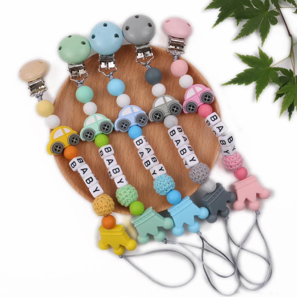 Personalized Name Baby Pacifier Clips Cars Pacifier Chain Holder for Baby Teething Soother Chew Toy Dummy Clips