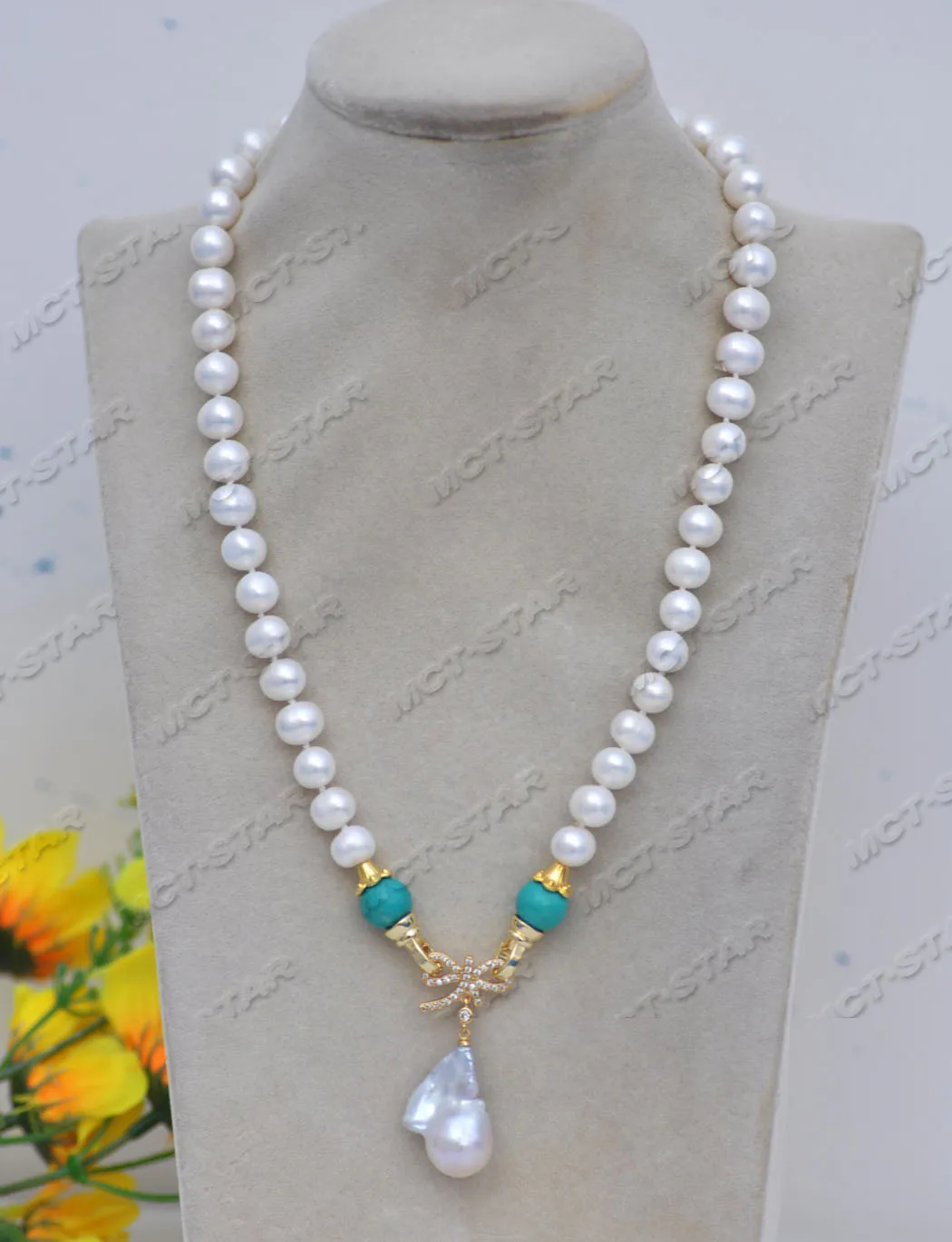 

MCT·STAR Z11748 19" 22mm White Baroque Round Keshi Pearl Turquoise Bowknot CZ Necklace Pendant