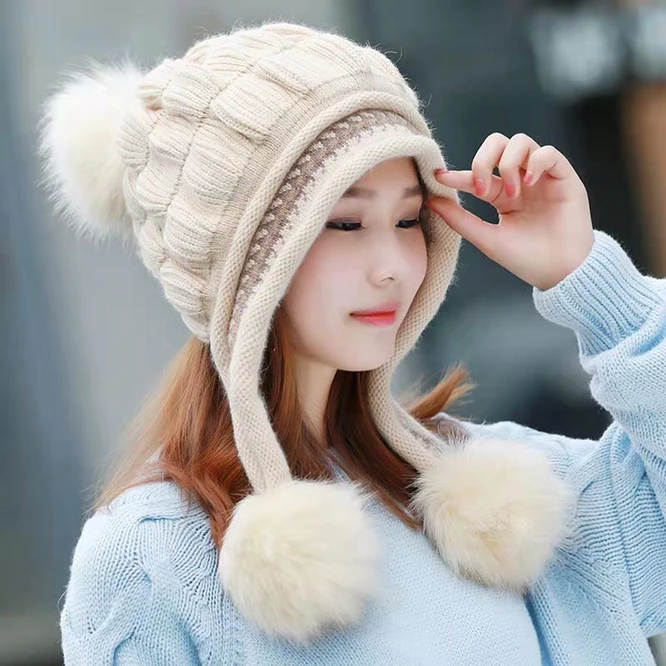 Winter Ear Protection Knitted Hat Women Fashion Plush Thickened Girl Outdoor Hat Warm  Ball Bubble Fluffy hat Beige