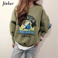 Jielur Winter Autumn New Harajuku Funny Cartoon Tracksuit for Women Pullover Fleece Hoodies Loose Female Sweatshirt Army Green