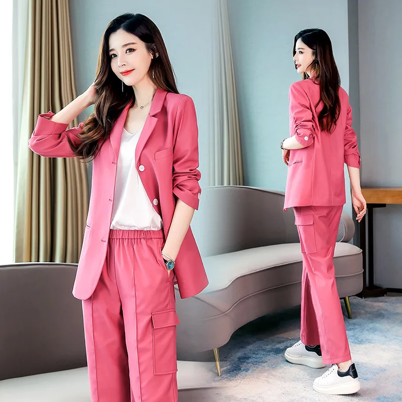 Popular new fashion simple elastic waist suit pants suit workplace women's temperament elegant work clothes rose red two-piece