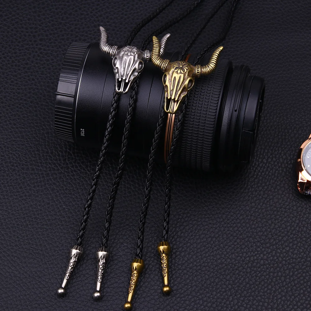 Retro New Cow Animal Zodiac Bolo Bow Tie for Men Necklace Antique Metal Neckties Leather Rope Shirt Collar Bowtie Cowboy Jewelry