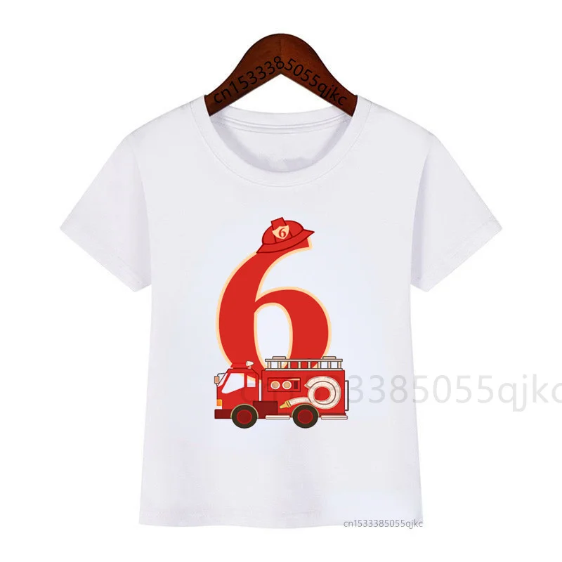 

Numbers 1-9 Children's Cartoon Fire Engine Birthday Number T-shirt Boy Girl Firefighter T-shirt White T-shirt Cute Funny T-shirt