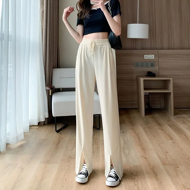 

Summer Ice Silk Wide Leg Pants Women New Thin Split Straight Casual Female Pants Elastic High Waist Drawstring Soft Loose Pants