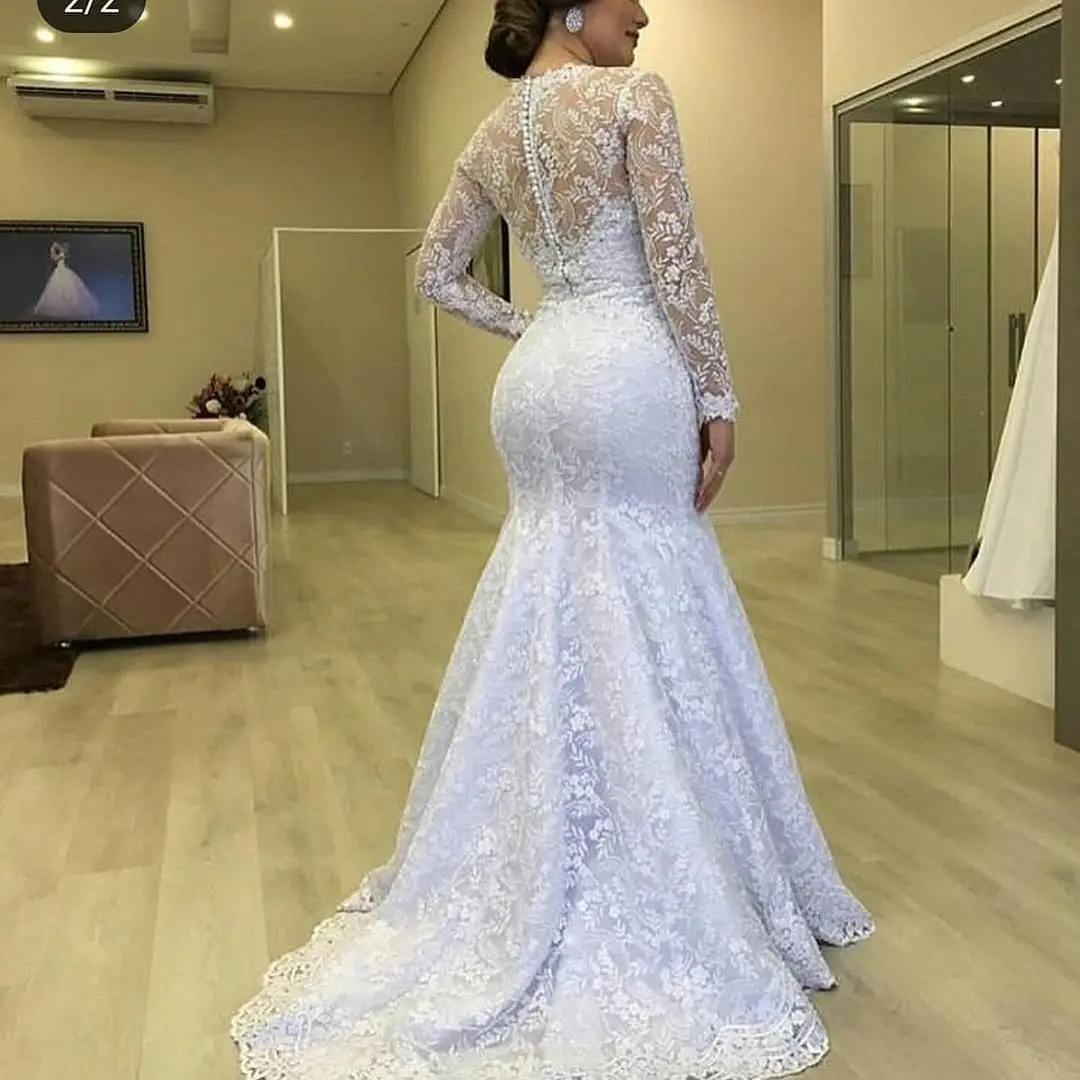 Plus Size Mermaid Wedding Dress Elegant O Neck Long Sleeve Bridal Gowns robes de mariée Lace Appliques Bride Dresses