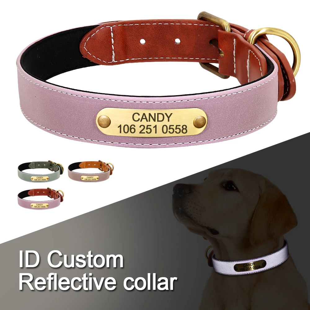 Collar con grabado personalizado para perro, placa de identificación de cachorro, acolchado de cuero, reflectante, para perros pequeños, medianos y