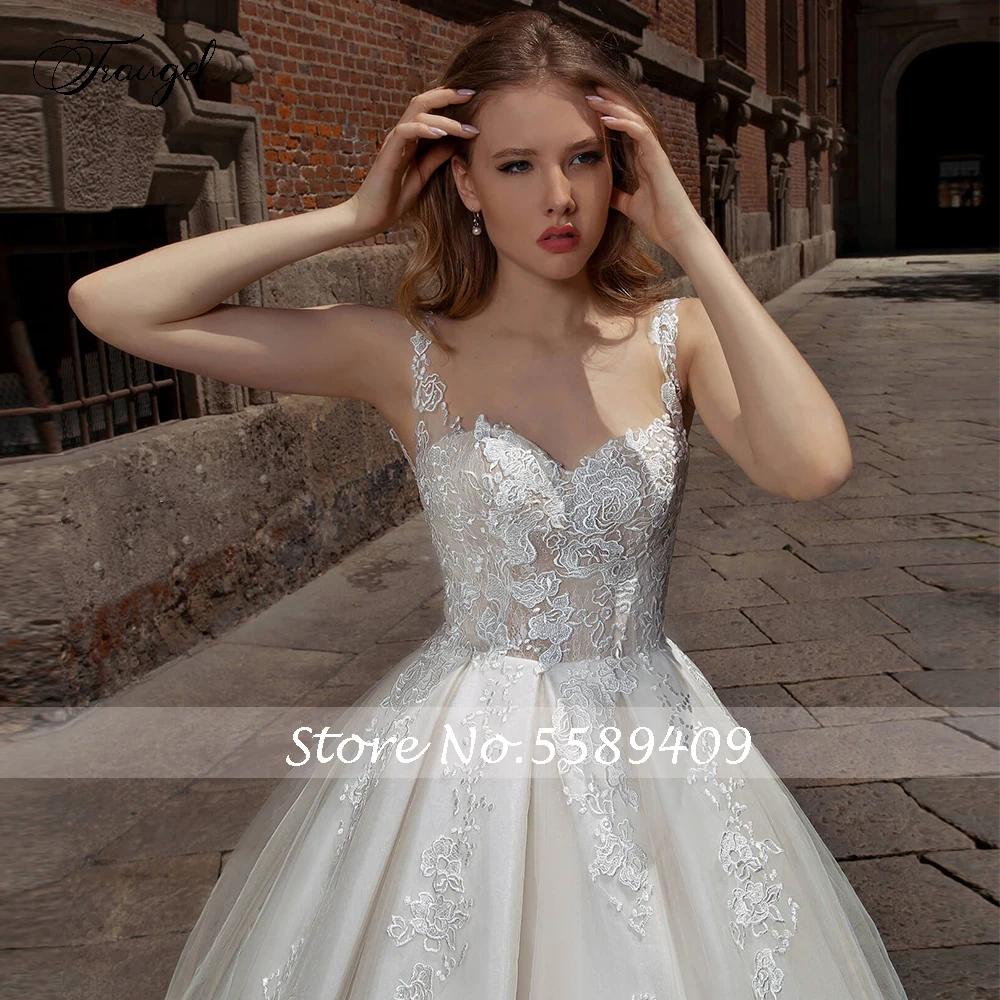 Traugel Scoop A Line Lace Wedding Dresses Delicate Applique Tank Sleeve Backless Bride Dresses Sweep Train Bridal Gown