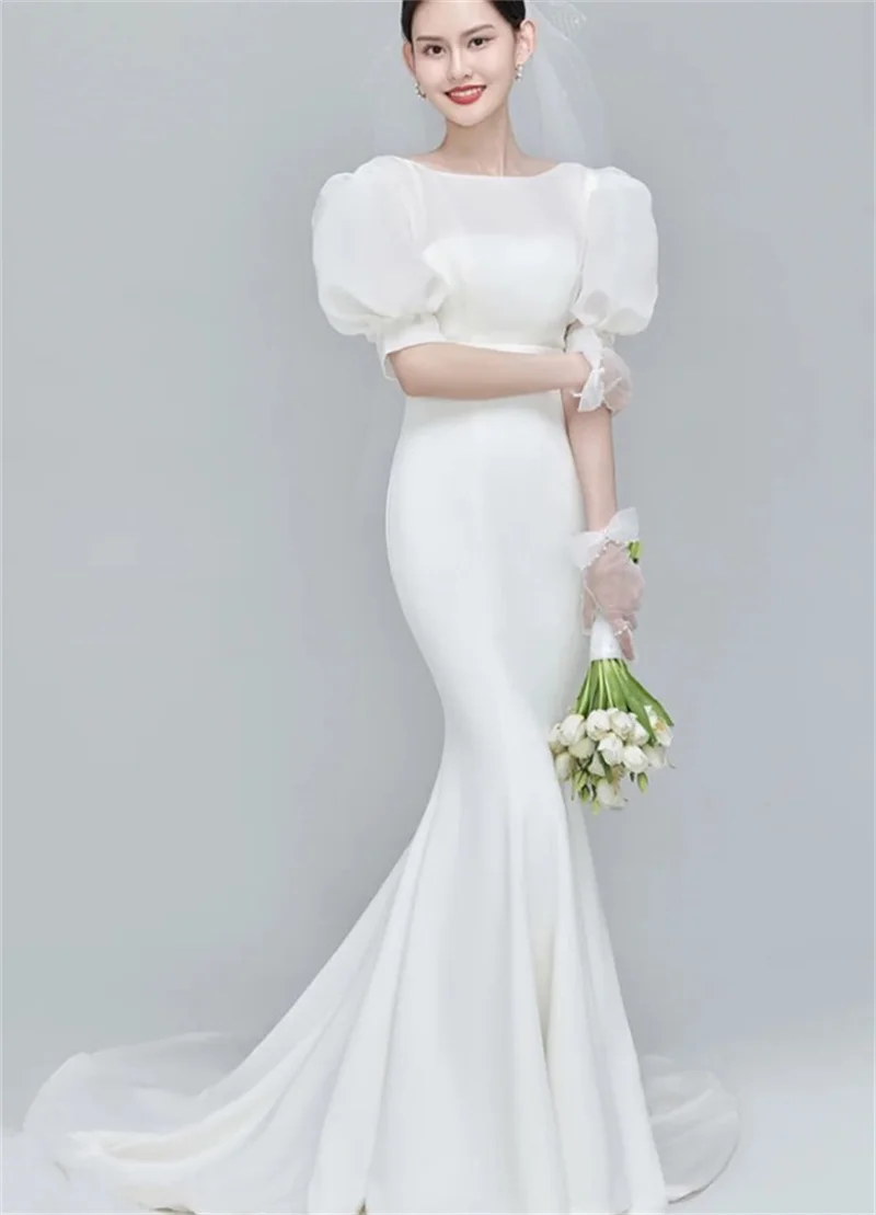 Boot-ausschnitt Puff Ärmeln Gericht Zug Hochzeit Kleid Elegante Weiche Satin Mermaid Backless Brautkleider vestidos de mairee Hochzeit