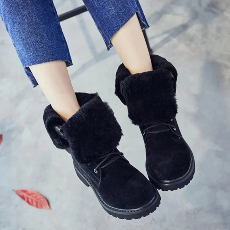 Botas de nieve de piel auténtica para mujer, zapatos de cuña de media caña, con plataforma, invierno, 2020