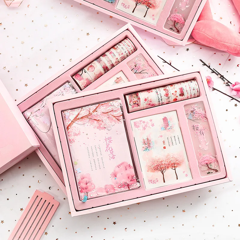 Sakura Series Notebook Gift Box Set Stationery Kawaii Pink Diary Book Journals Agenda Planner Washi Tape Exquisite Gift