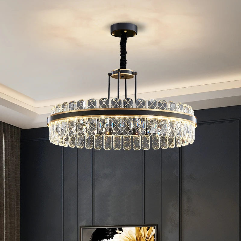 

Crystal Chandelier Living Room Modern Minimalist Led Black Leather Lamp Creative Round Bedroom Lamp Dining Room Lamp