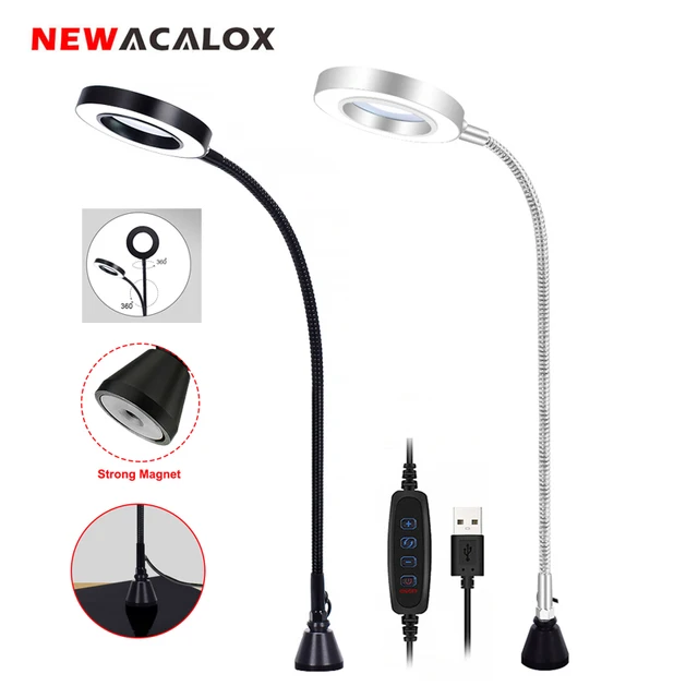 NEWACALOX USB silne magnetyczne 3X szkło powiększające LED podświetlana lupa elastyczne ramię do czytania stół warsztatowy lutowanie