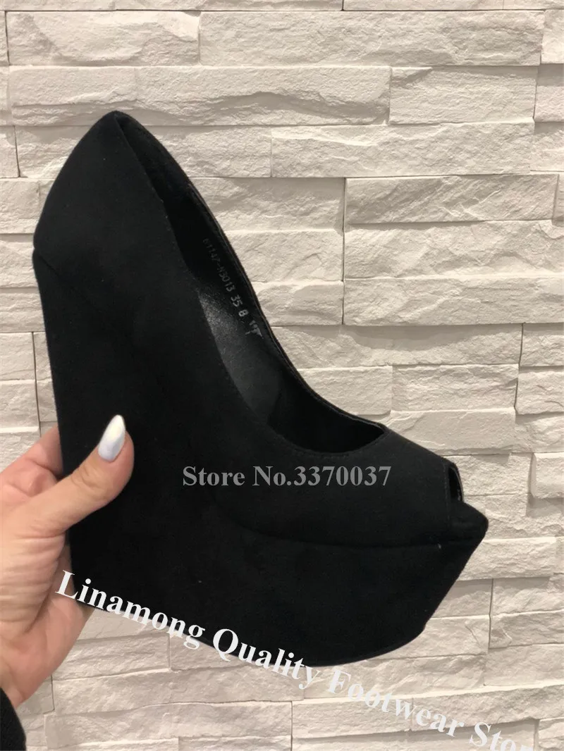 Linamong Western Fashion Peep Toe High Platform Wedge Pumps Pink Black Slip-on Suede Leather Wedges Height Increased Heels