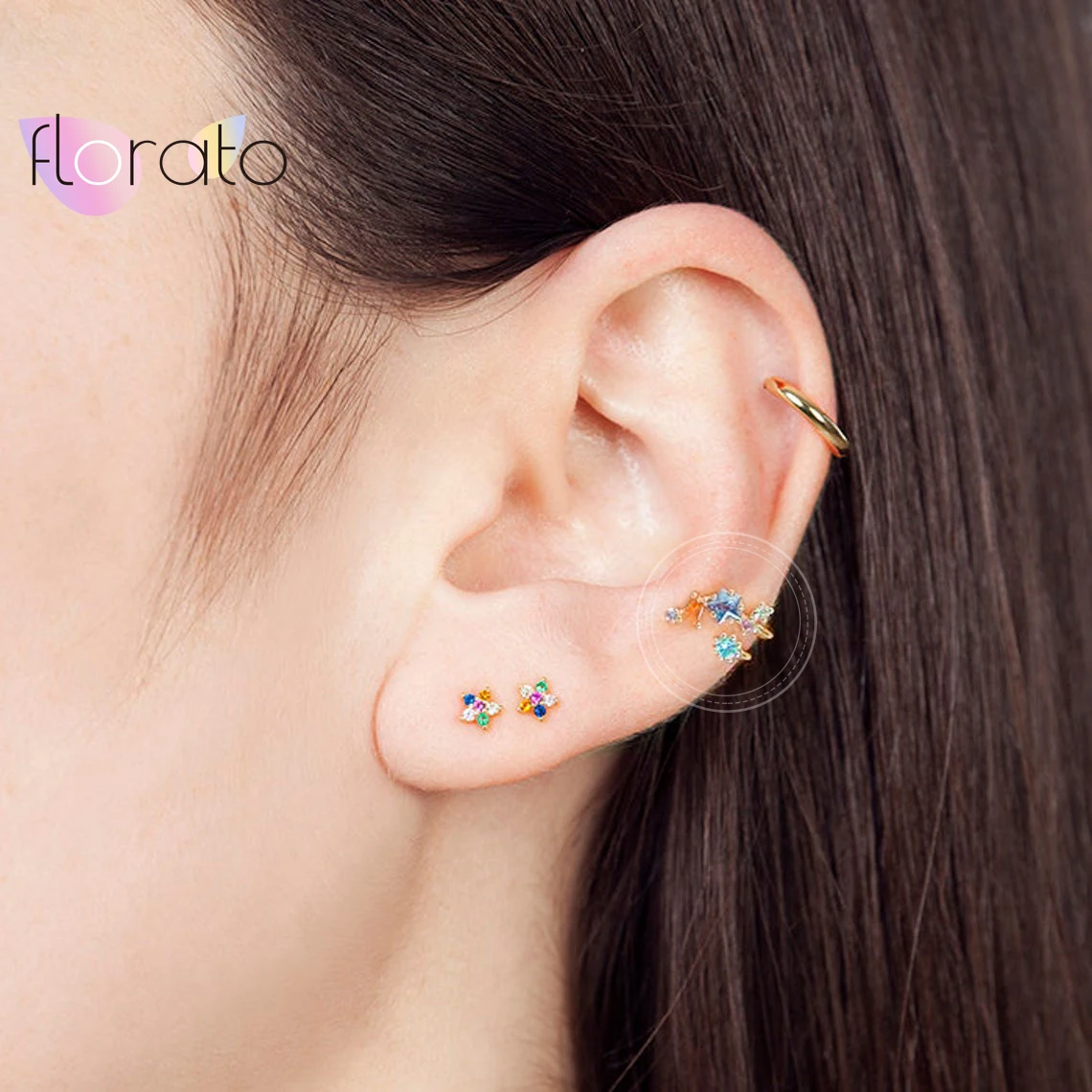 Plated 24K Gold Rainbow Crystal Star Geometry Clip Earrings for Women Girl No Piercing Earrings Cuffs Jewelry