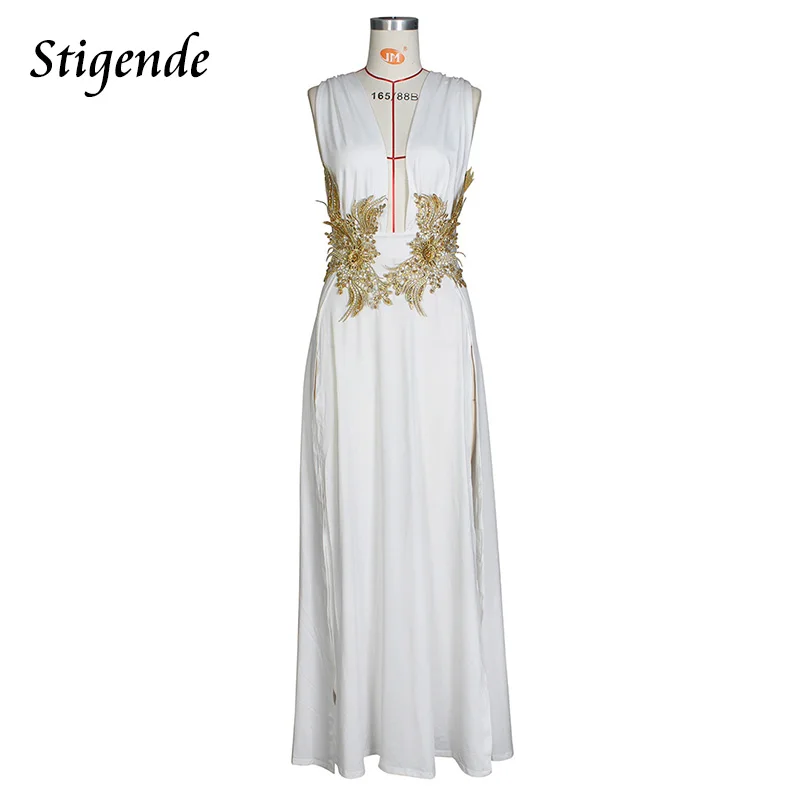 Stigende Floral Appliques Greek Goddess Dress Women Deep V Neck Prom Fairy Dress High Split Wedding Cocktail Night Party Dress