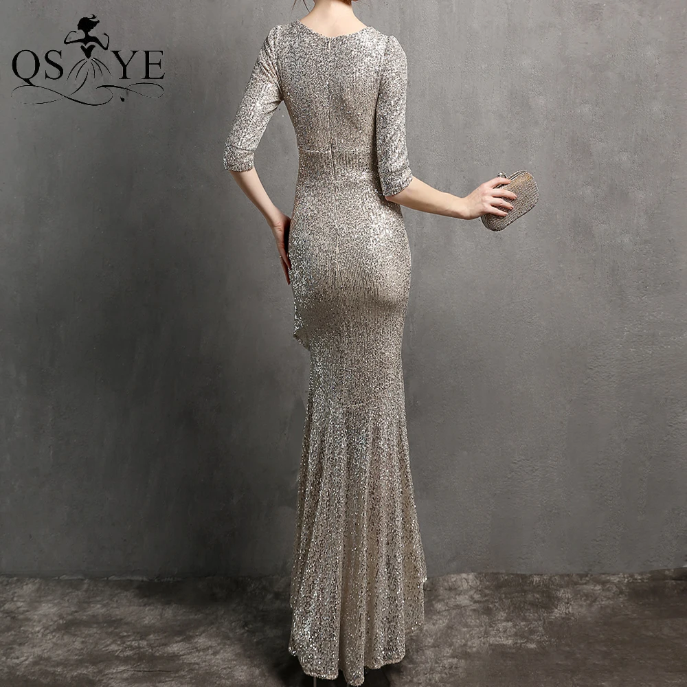 Sparkle Silver Short Evening Dresses High-Low Sequin Prom Gown Mermaid V Neck Glitter Party Dress Half Long Sleeves Formal Gown