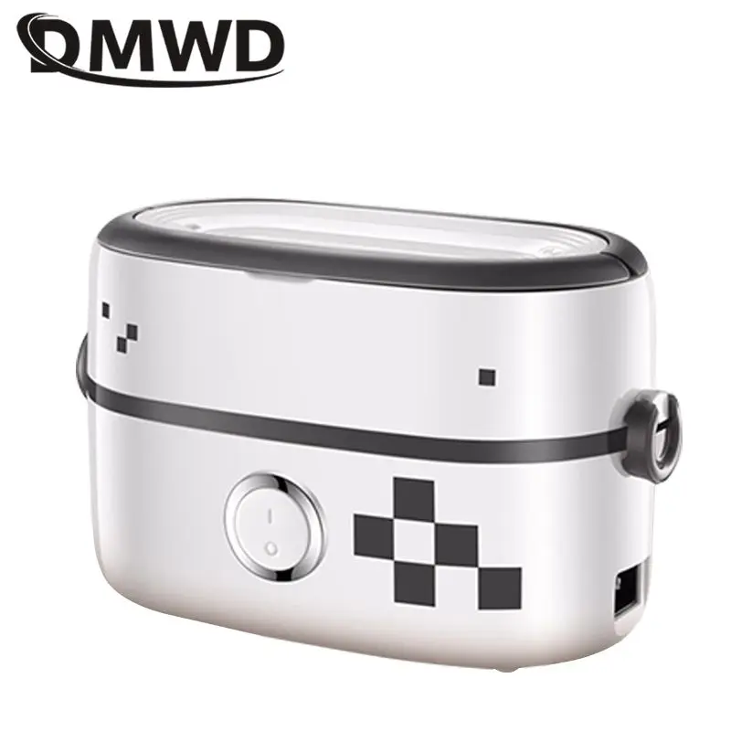 DMWD 1L Portable Electric Cooker Food Heater Heating Lunch Box With Separate 2 Ceramic Inner Pot For Steaming Boiling