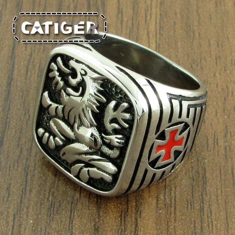 Free Shipping Punk 316L Stainless Steel Phoenix Totem Ring Medieval Signet Mens Red Enamel Knight Templar Crusade Cross Rings