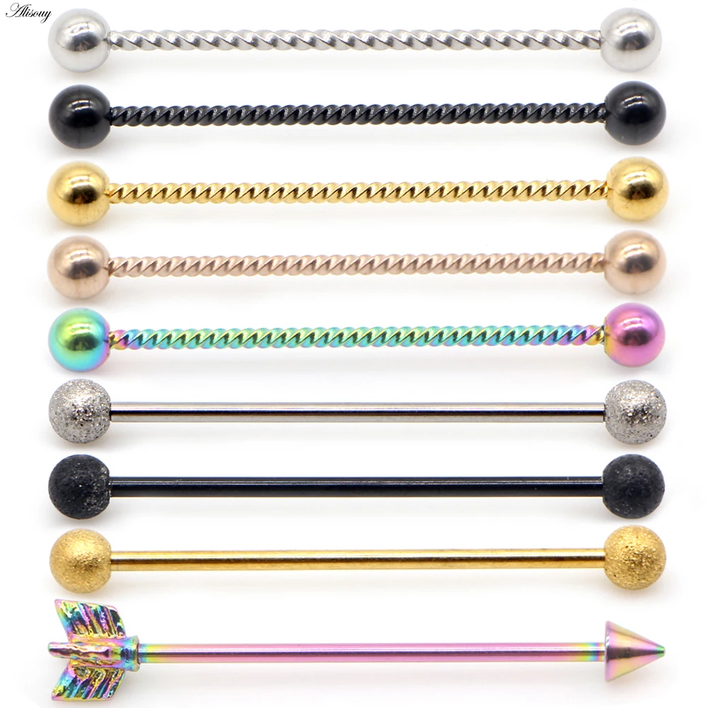 Alisouy 14G 1pc Stainless Steel Industrial Barbell Earrings Twisted Matte Rainbow Ear Cartilage Helix-Conch Piercing Jewelry