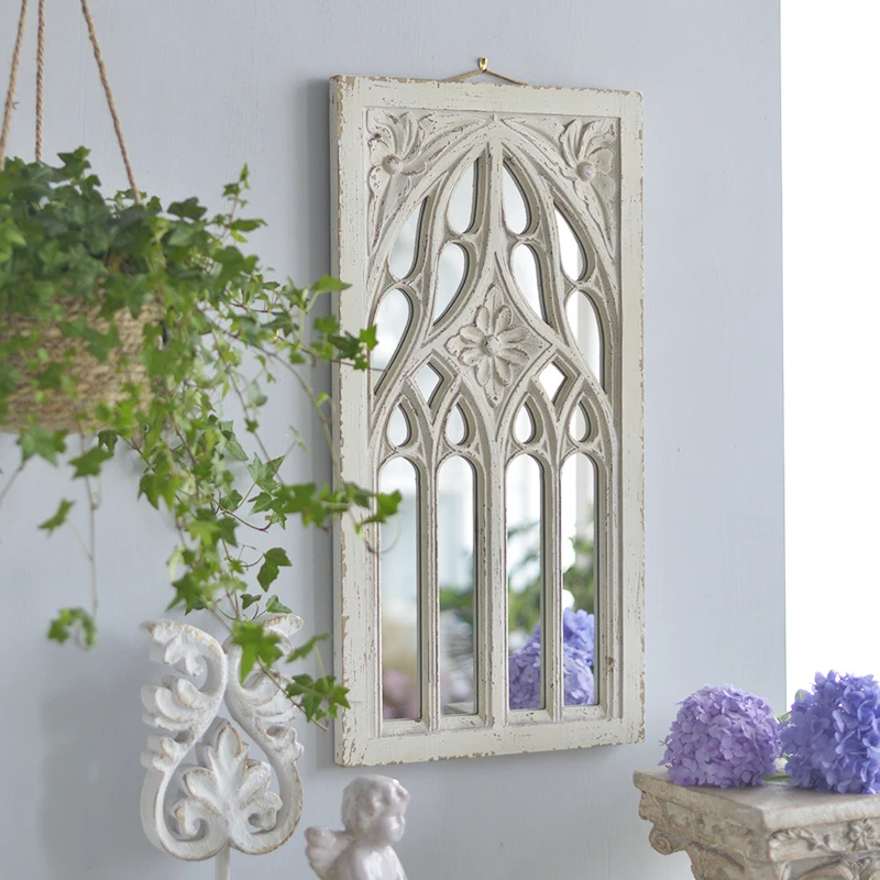 Retro White Wooden Window Wall Mirror for Home Decoration