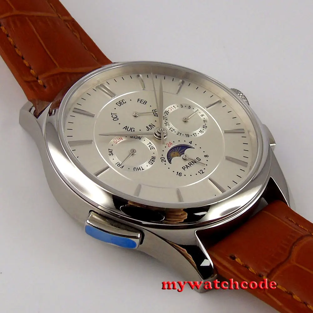 43mm Parnis white dial Power Reserve Indiactor 316L stainless steel watch case brown leather strap automatic men\'s watch