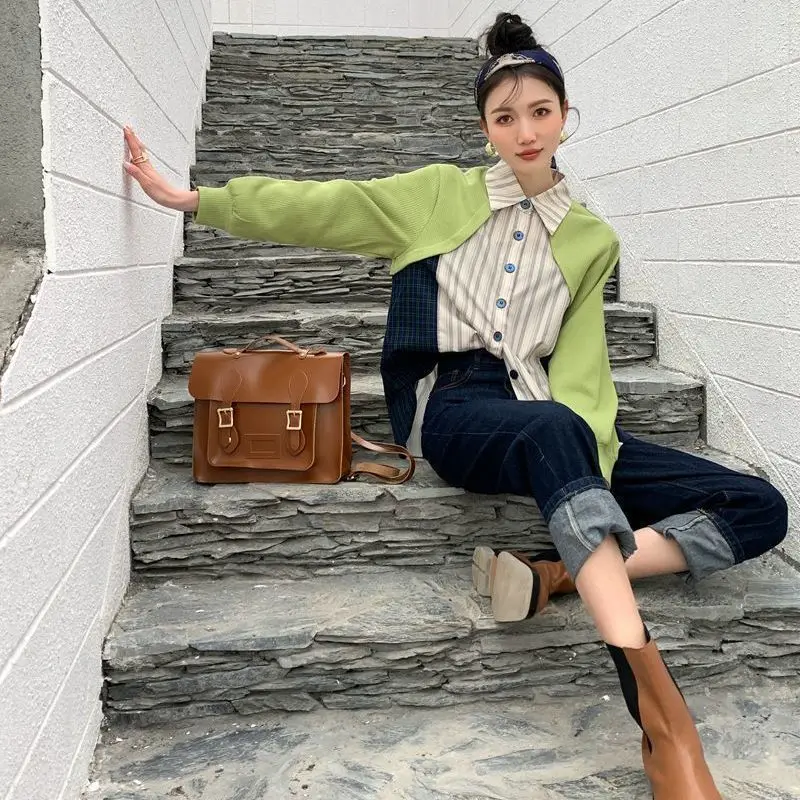 Women Shirt 2021 Spring Fashion Turn-down Collar Full Patchwork High Street Chiffon Vintage Blouse High Street  Casual Shirts