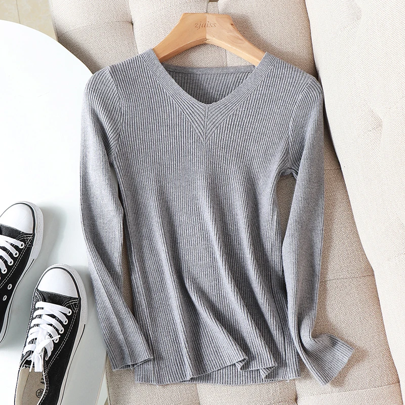 2024 NEW Autumn Winter Sweater Women Chic V-neck Slim Sweater female Knitted Pullovers long sleeve tops warm basic black