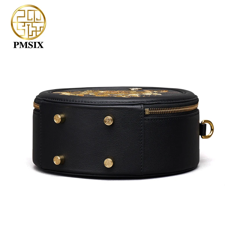 PMSIX Genuine Leather Handbags For Women Circular Embroidered Design Fashion Female Handbag Light Elegant Small Round Women Bag