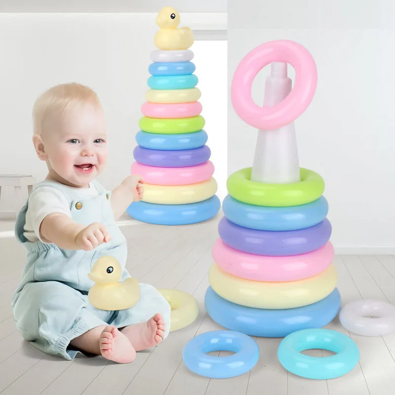 Montessori arcobaleno colore impilabile anelli torre anatra giocattolo per bambini vasca da bagno per bambini sviluppo precoce gioca giocattoli Baby Brinquedos