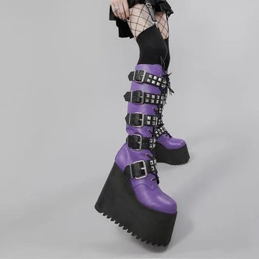 Ladies Purple Fashion Lace up Knee High Heel Platform Boots Gothic Metal Decorative Women\'s Boots Zipper Wedge Heel Boot Size 42