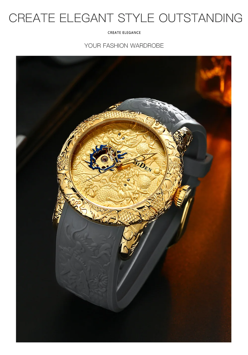 BIDEN Special Design Gold Dragon Sculpture Automatic Mechanical Men Watch Fashion Luxury Waterproof Wristwatch Relojes Hombre