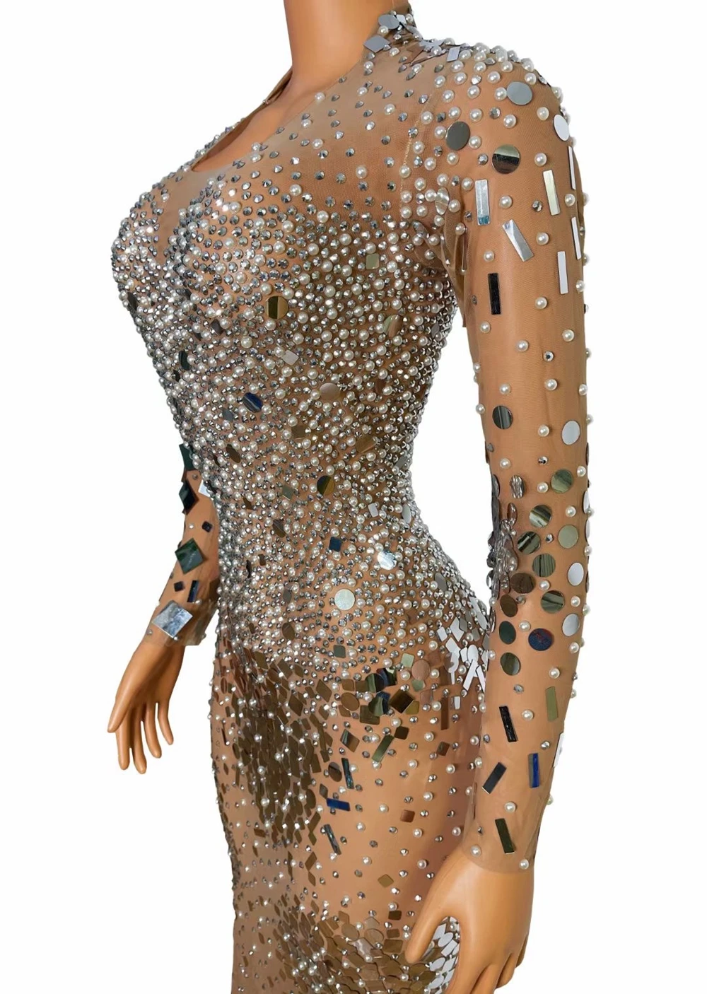 Sparkly Pearl Rhinestones Sequins Long Dress Women Stage wear SexyTransparent performance Costume Evening Gown Prom