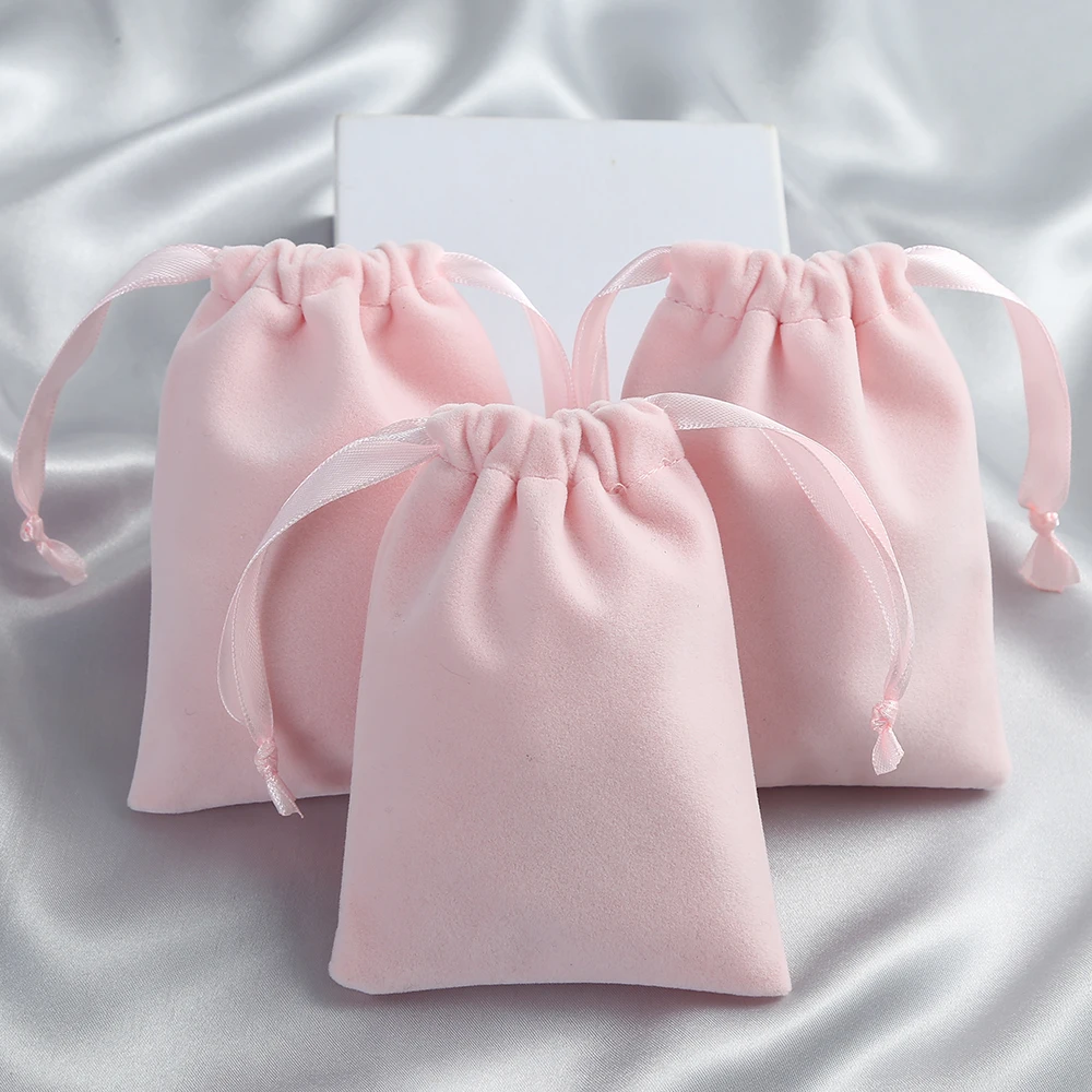 10pcs Pink Thick Velvet Jewelry Packaging Bag Drawstring with Ribbon Rings Board Game Tarots Playing Cards Storage Organizer Bag