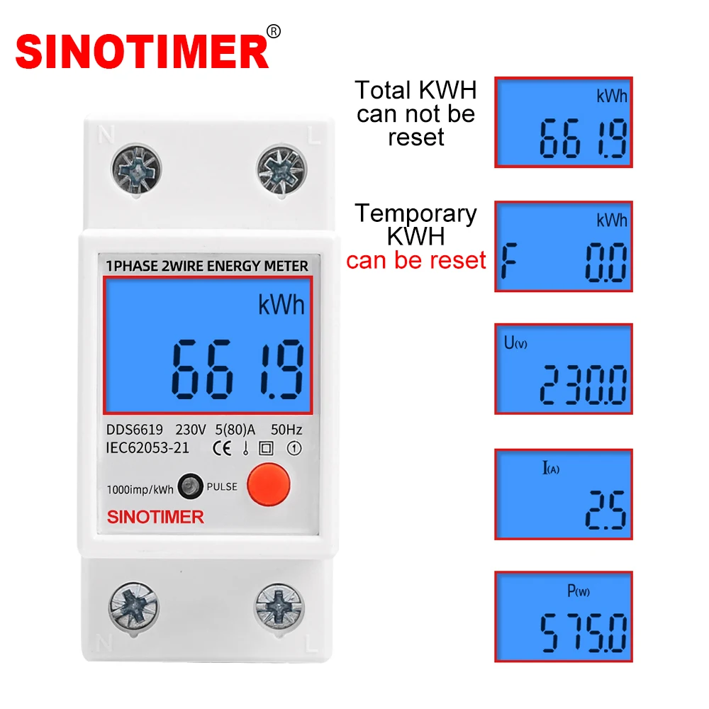 Backlight Single Phase 230V 5(80)A Digital Wattemeter Din Rail Electric KWH Power Meter Voltmeter Ammeter with Reset function