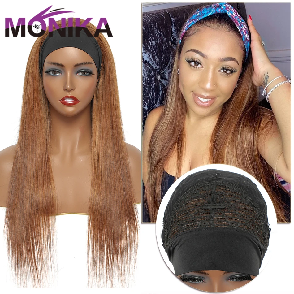 4 27 Highlight Headband Scarf  Wig Brazilian Half Gluless  Human Hai Wig Burgundy Blonde Omber Remy Bone Straight Hair Wigs