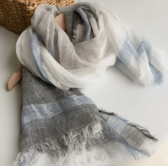 High Quality 100% Linen Scarf Fashion Brand Striped Scarf Spring Autumn Warm Soft Shawls Linen Tassel Scarves