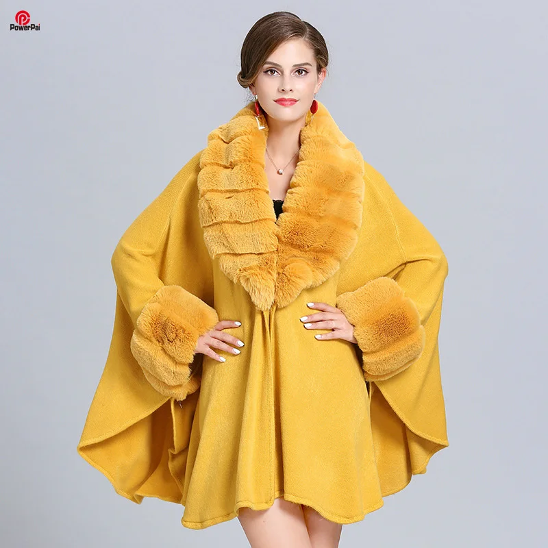 Fashion Wave Wide Lapel Faux Rabbit Fur Cape Coat Women Winter Loose Knit Cloak Cardigan Soft Poncho Wraps Overcoat New