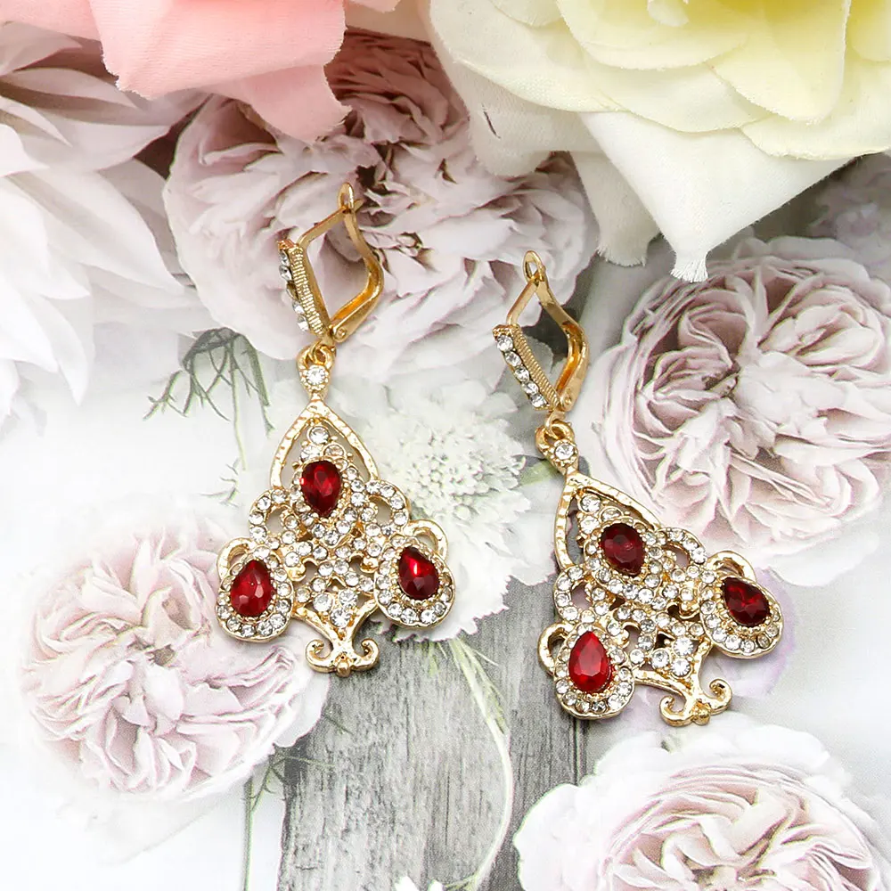 Sunspicems Ethnic Morocco Wedding Earring Gold Color Full Rhinestone for Women DuBai Bridal Jewelry Hook Dangle Ear Pendants