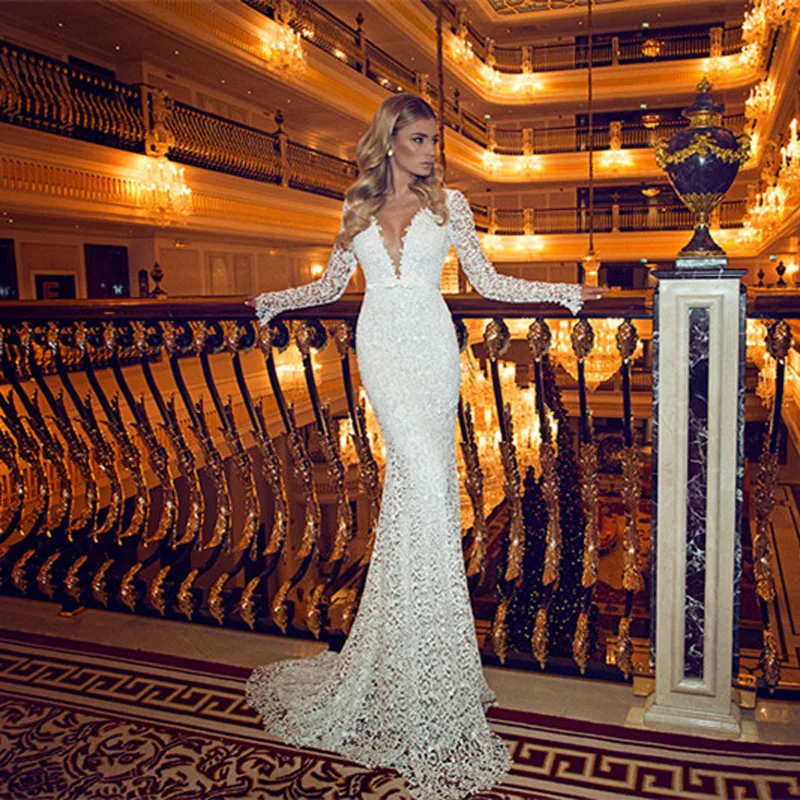 Vendita calda Sexy Backless maniche lunghe pizzo sirena pizzo scollo a v profondo abito da sposa lungo 2018 lunghezza del pavimento abiti per la madre della sposa