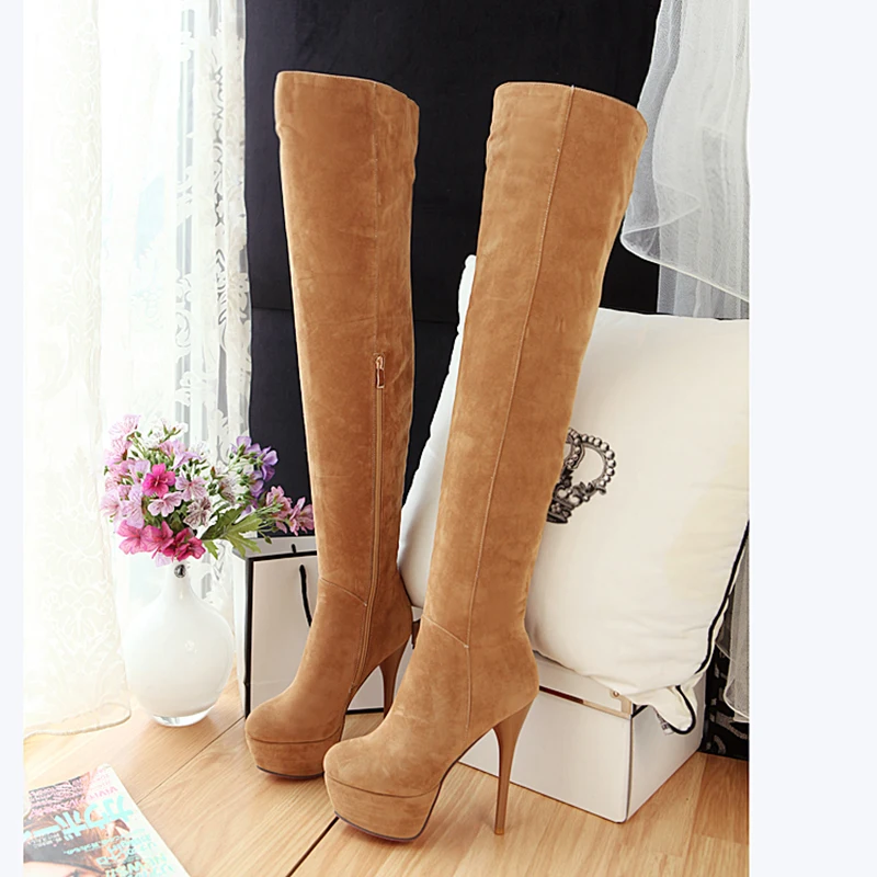 Winter Warm Plush Ultra-High Stiletto Long-Tube Women\'s Boots High Waterproof Platform Side Zipper Over-The-Knee Boots 2024