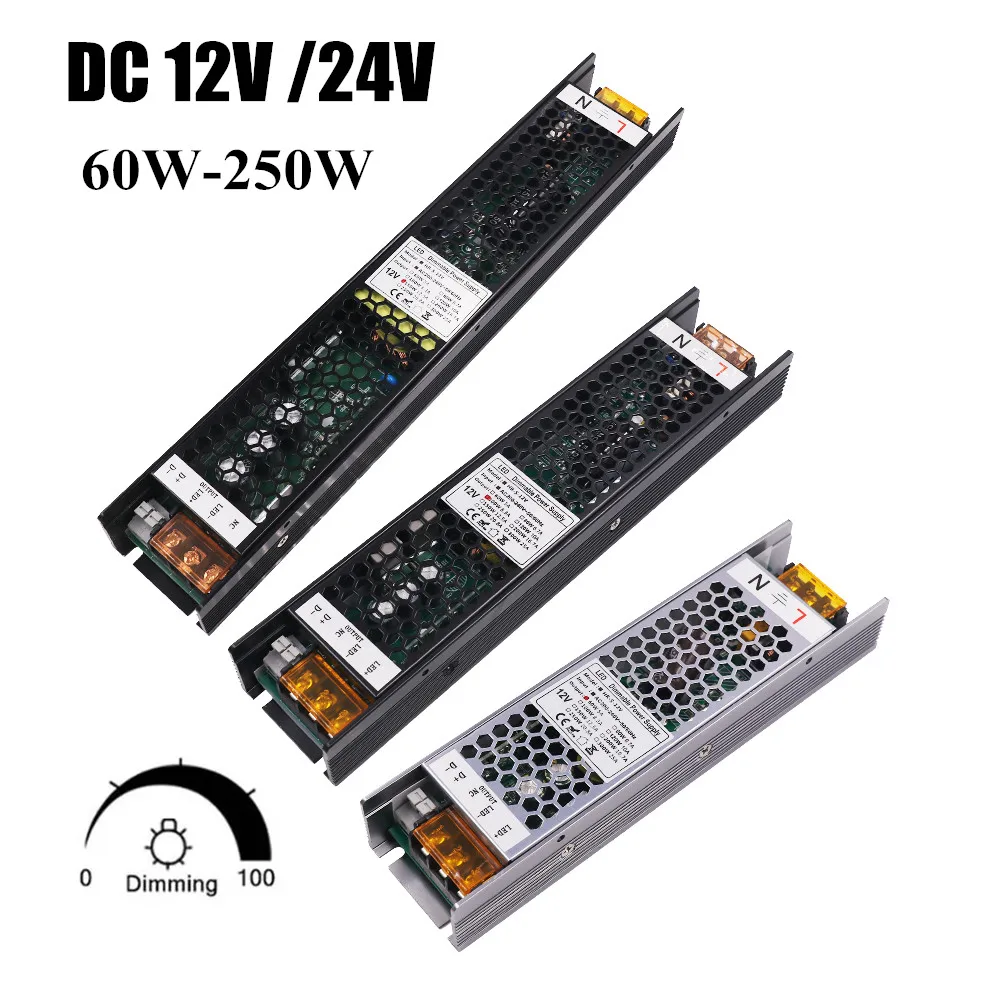 

Ultra Thin Dimmerable LED Power Supply DC 12V 24V Lighting Transformers 60W 100W 150W 200W 250W AC 220V Driver For LED Strip