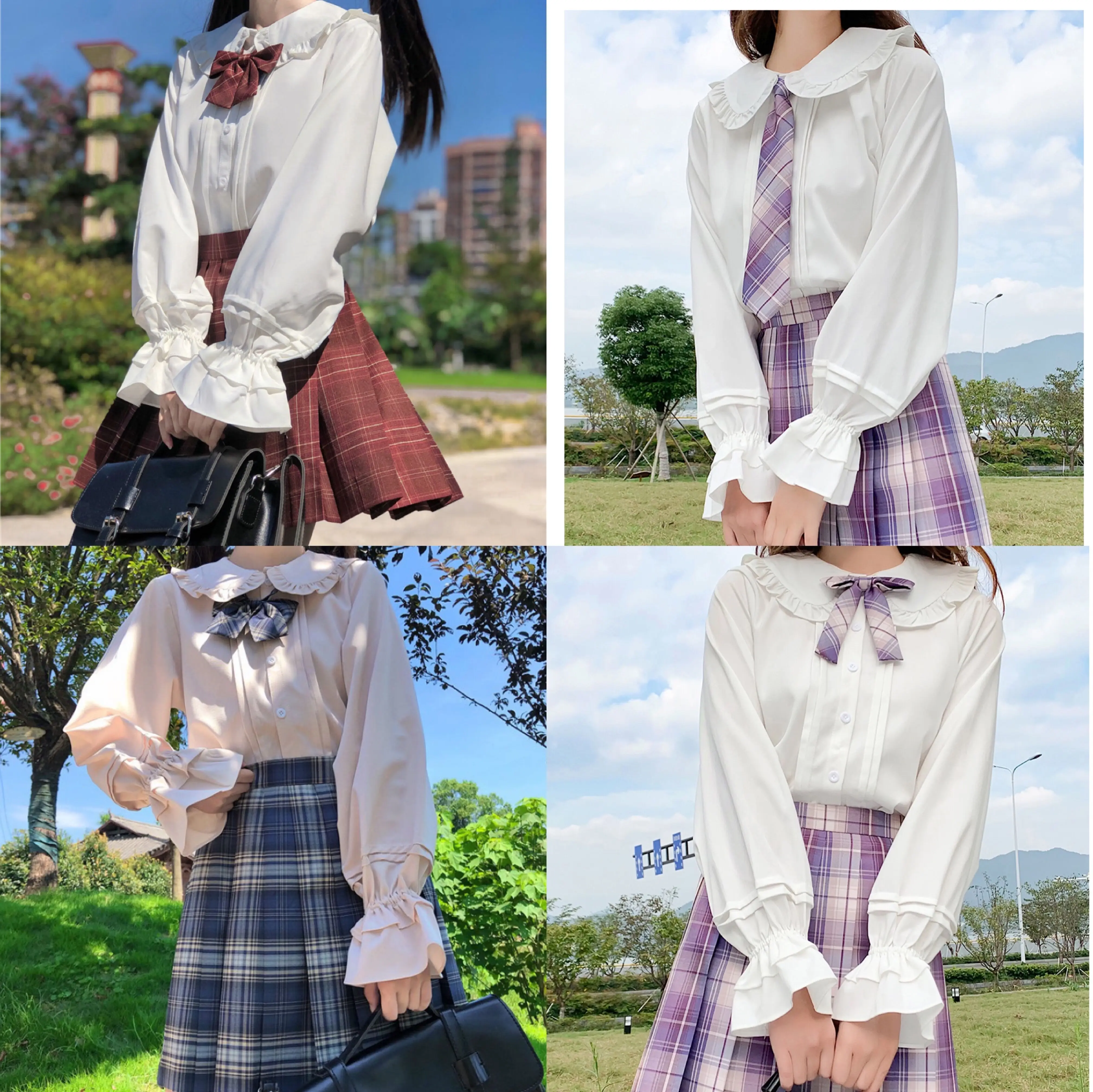 Pagoda Sleeve Blouse Spring Autumn Doll collar Beige Lolita with JK Uniform Long Sleeve White Blouse For Studen Girl High School