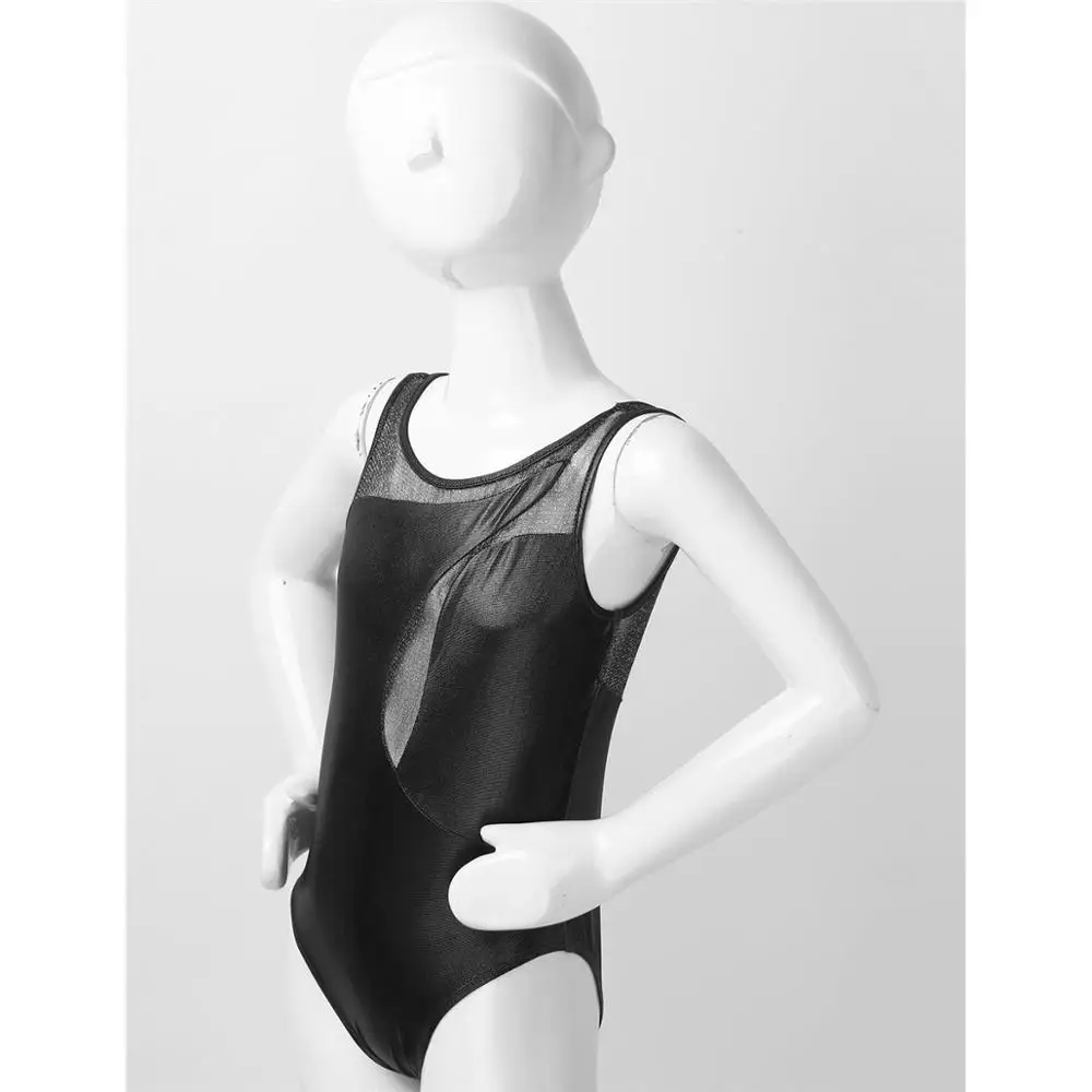 Girls Gymnastics Leotard Patent Leather Sleeveless Asymmetrical Swirl Tulle Splice Ballet Dance Leotards Jumpsuit Kids Dancewear