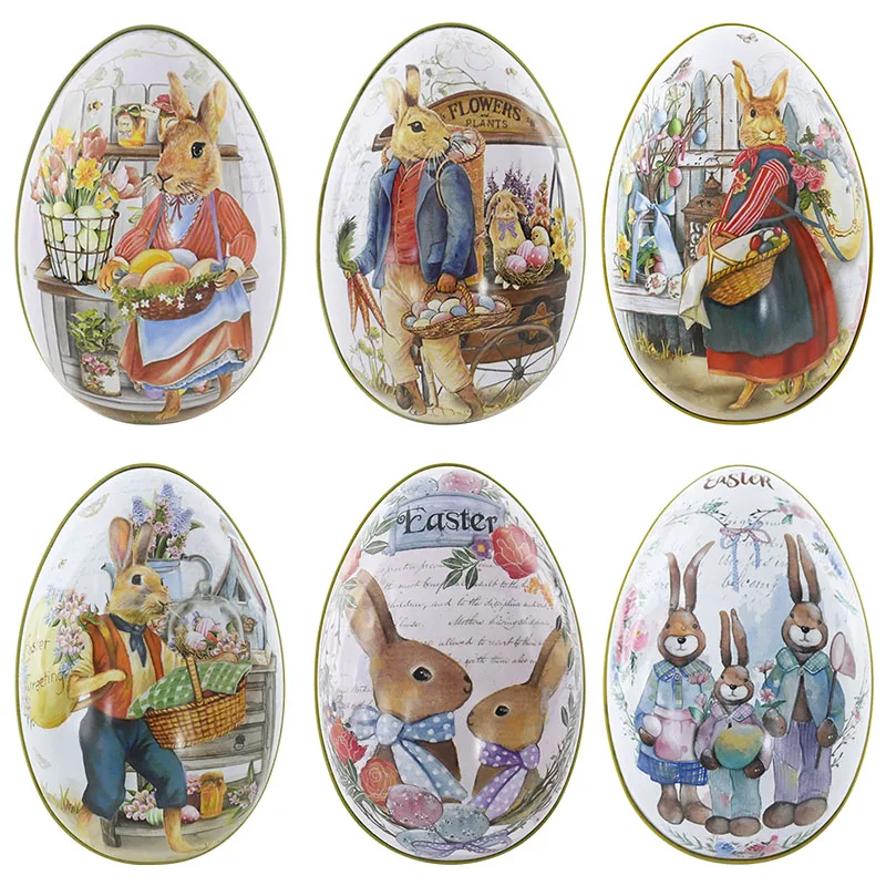 Metal Easter Egg Shape Candy Tin Cute Bunny Rabbit Printed Egg Candy Box Easter Festival Party Favor Gift Packaging Decorations